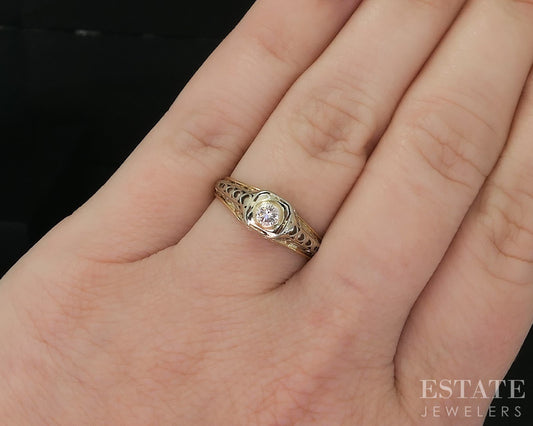 Antique 18k Two Tone Gold Natural .10ct Diamond Filigree Solitaire Ring i20082
