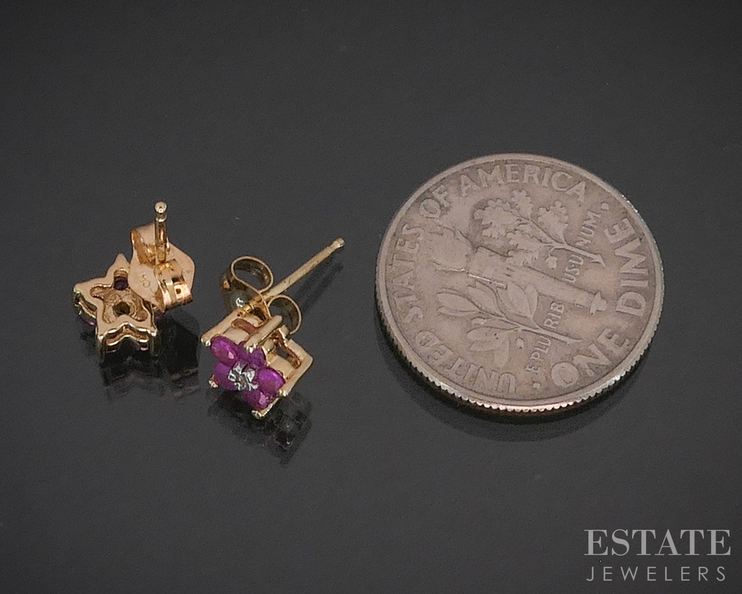 14k Yellow Gold Natural Ruby & Diamond Cluster Stud Earrings 0.9g i20101b