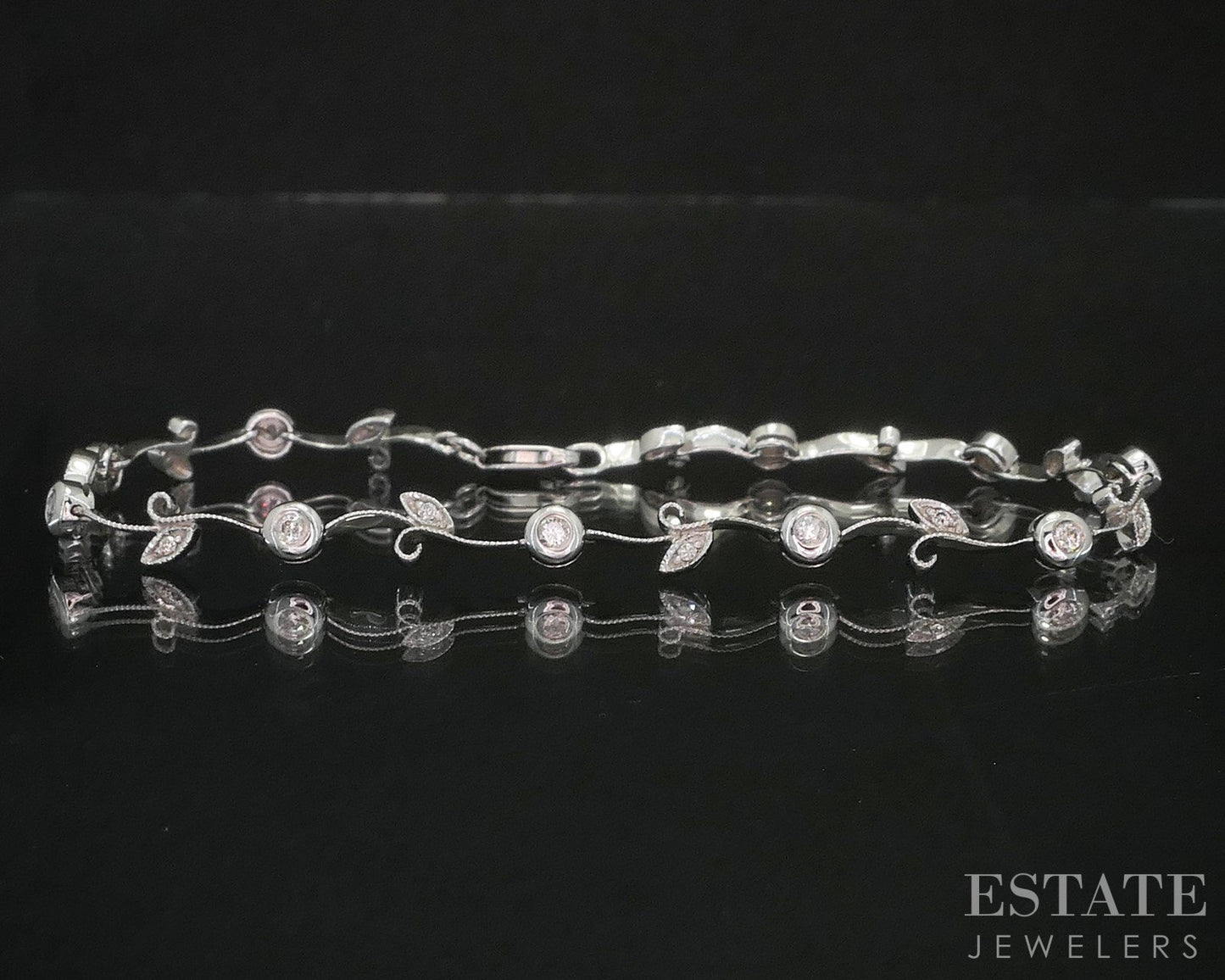 14k White Gold Natural Diamond Floral Vine Tennis Bracelet 5.4g 7.5"L i20097b
