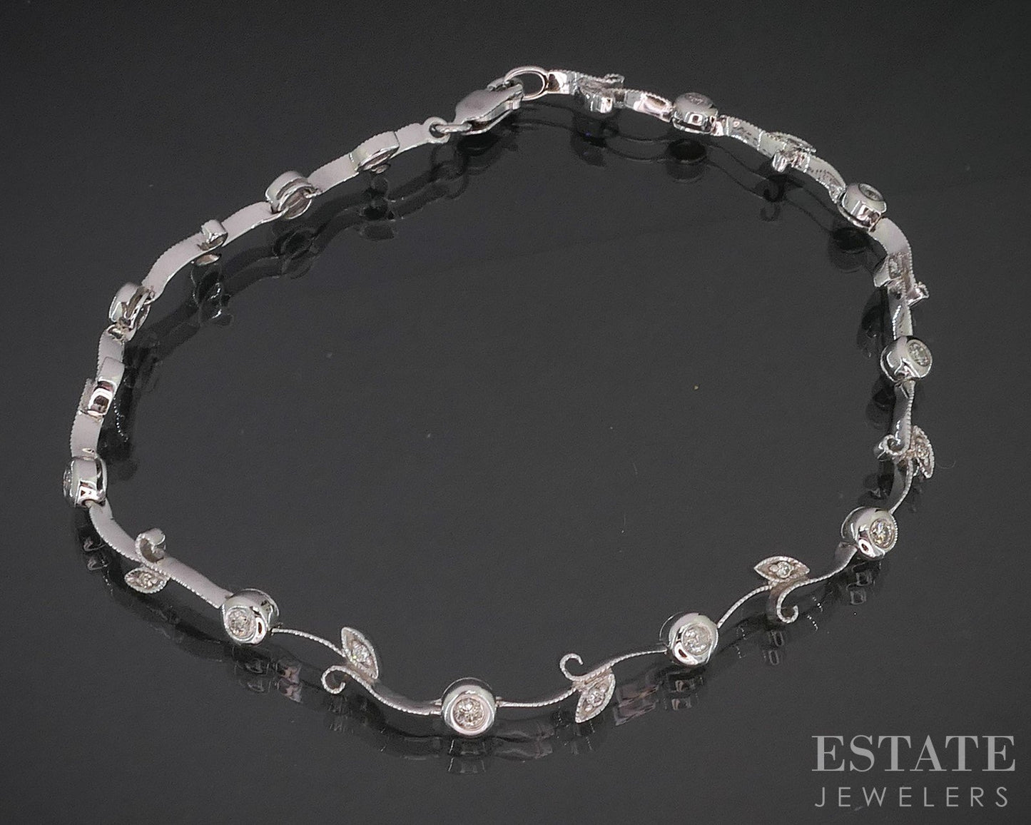 14k White Gold Natural Diamond Floral Vine Tennis Bracelet 5.4g 7.5"L i20097b