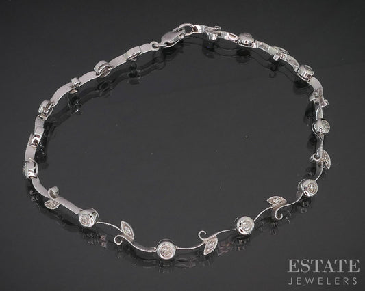 14k White Gold Natural Diamond Floral Vine Tennis Bracelet 5.4g 7.5"L i20097b