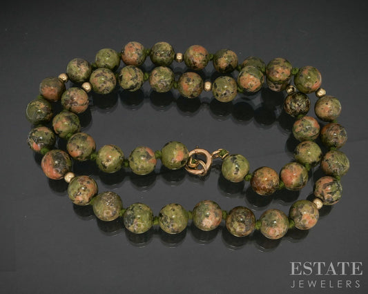 14k Yellow Gold 8mm Natural Unakite Beaded Necklace 36.3g 17"L i20094b