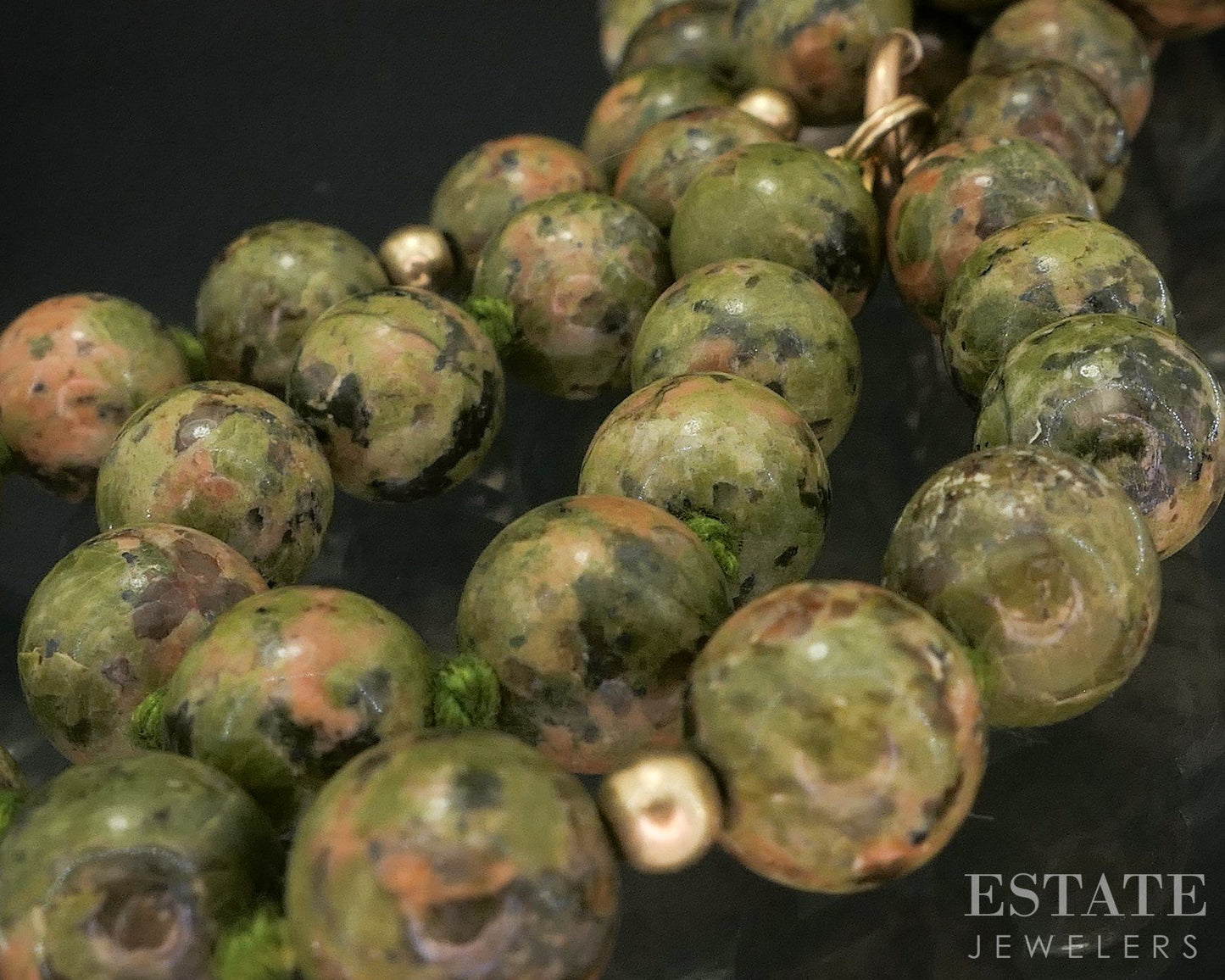 14k Yellow Gold 8mm Natural Unakite Beaded Necklace 36.3g 17"L i20094b