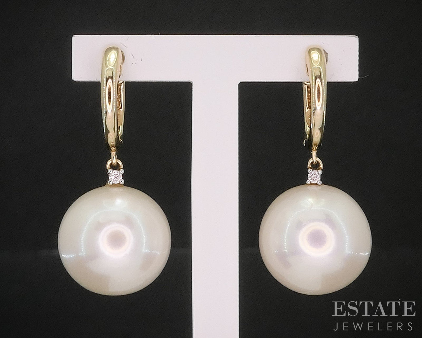 14k Yellow Gold 12mm Cultured Pearl & Diamond Hoop Dangle Earrings 6.5g i20130b