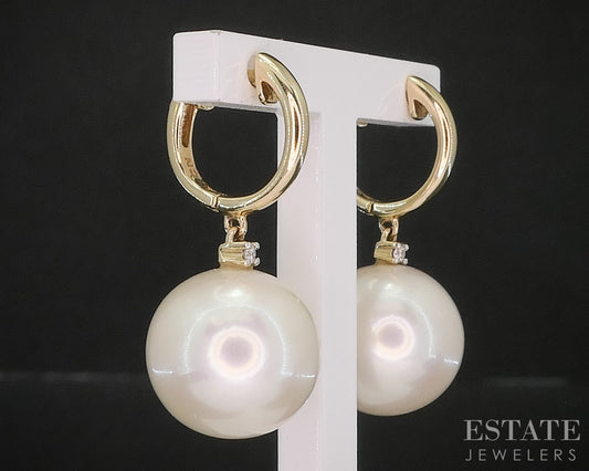 14k Yellow Gold 12mm Cultured Pearl & Diamond Hoop Dangle Earrings 6.5g i20130b