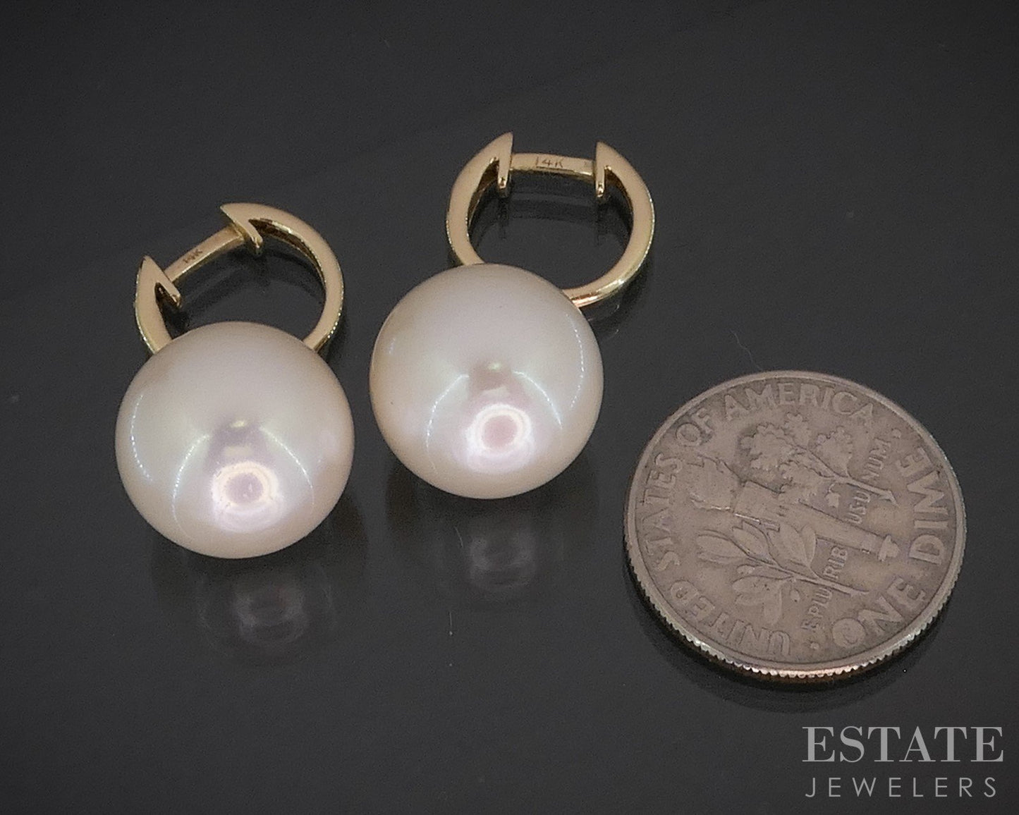 14k Yellow Gold 12mm Cultured Pearl & Diamond Hoop Dangle Earrings 6.5g i20130b