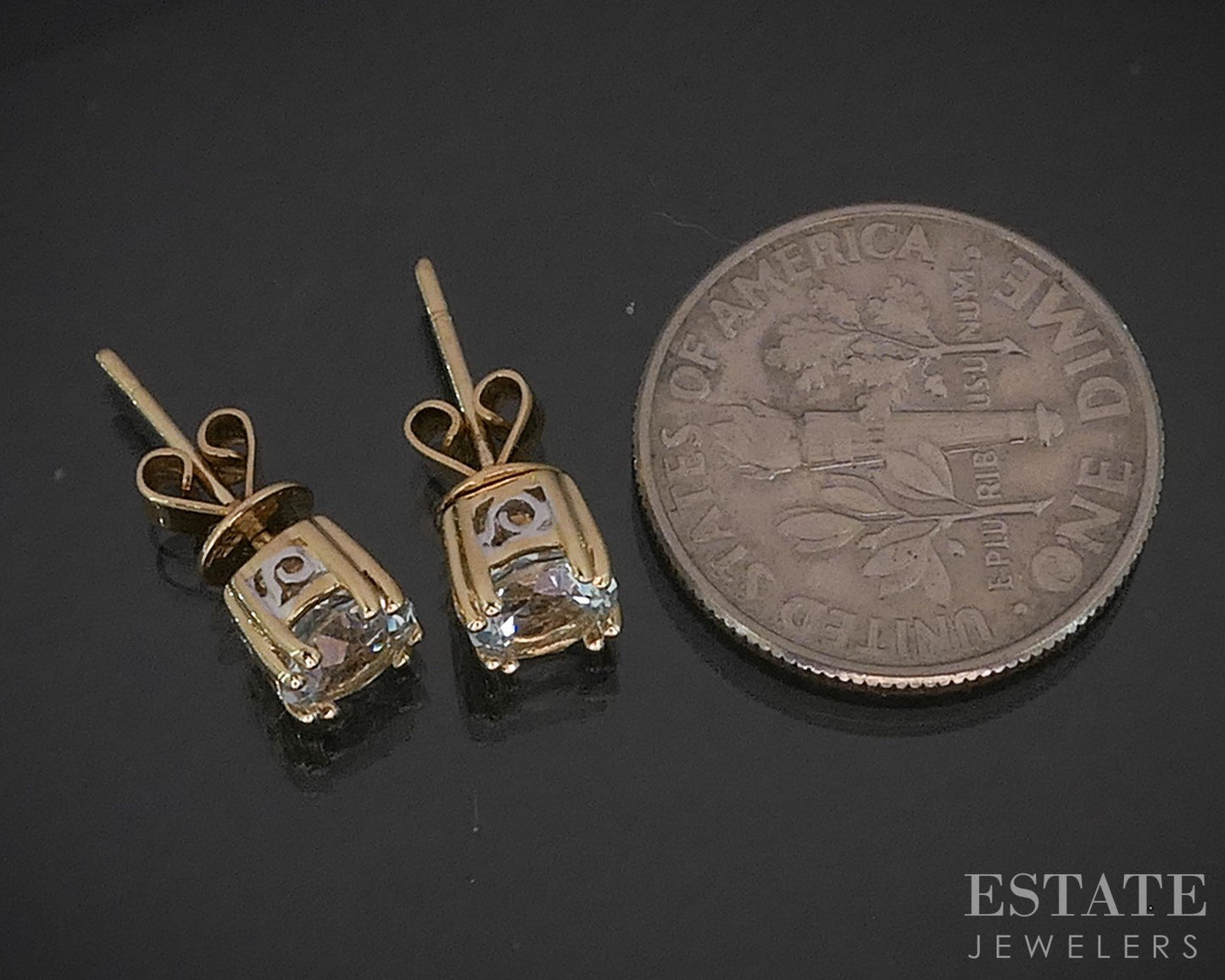 14k Yellow Gold Round Natural Aquamarine Stud Earrings 1.6g i20114b