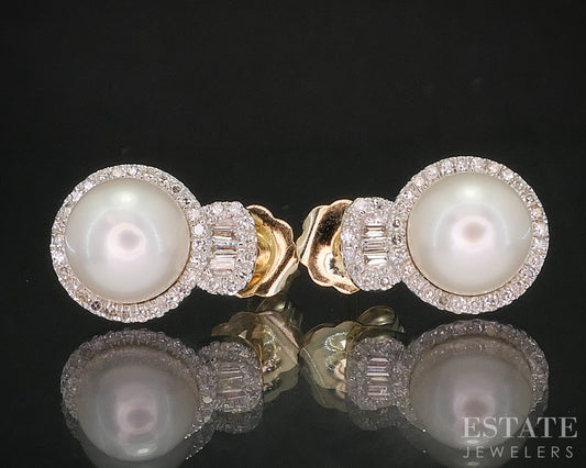 14k Yellow Gold 7mm Cultured Pearl & Diamond Halo Drop Earrings 2.9g i20122b