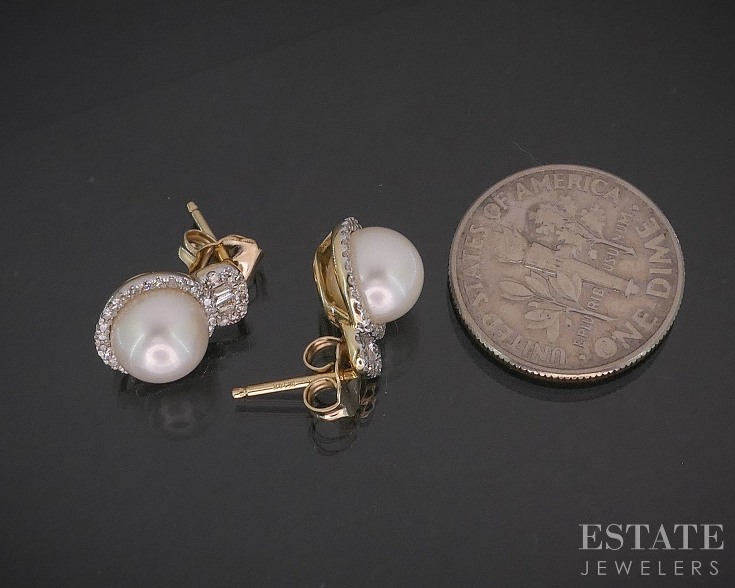 14k Yellow Gold 7mm Cultured Pearl & Diamond Halo Drop Earrings 2.9g i20122b