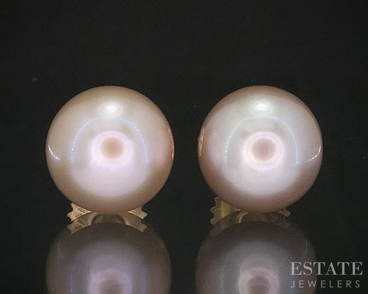 14k Yellow Gold 9.5mm Rose Colored Cultured Pearl Stud Ladies Earrings i20118b