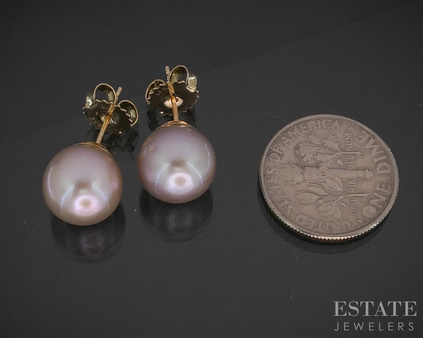 14k Yellow Gold 9.5mm Rose Colored Cultured Pearl Stud Ladies Earrings i20118b