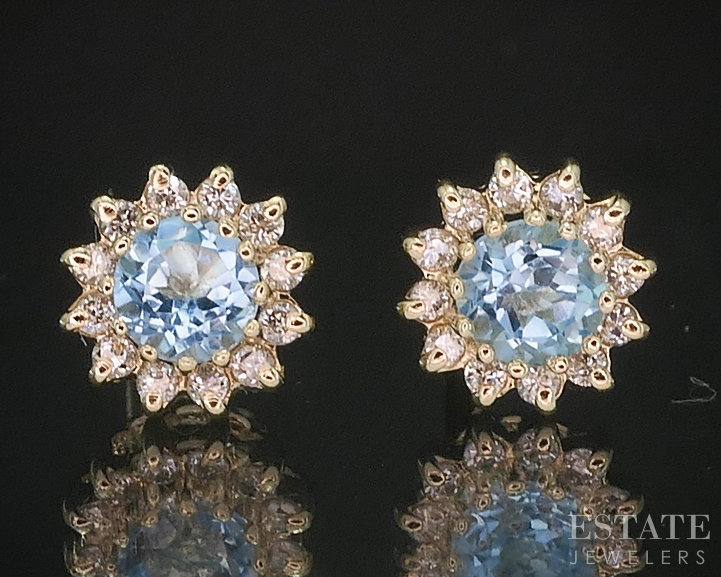 14k Yellow Gold Natural Blue Topaz & Diamond Halo Stud Earrings 1.4g i20129b