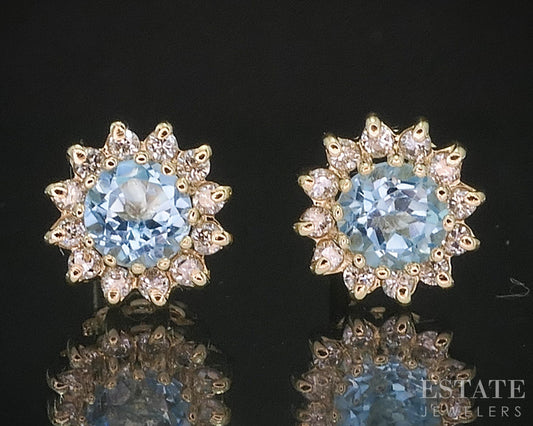 14k Yellow Gold Natural Blue Topaz & Diamond Halo Stud Earrings 1.4g i20129b