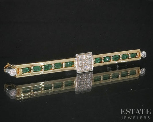 14k Yellow & White Gold Natural Emerald & Diamond Bar Pin Brooch 9.7g i20160