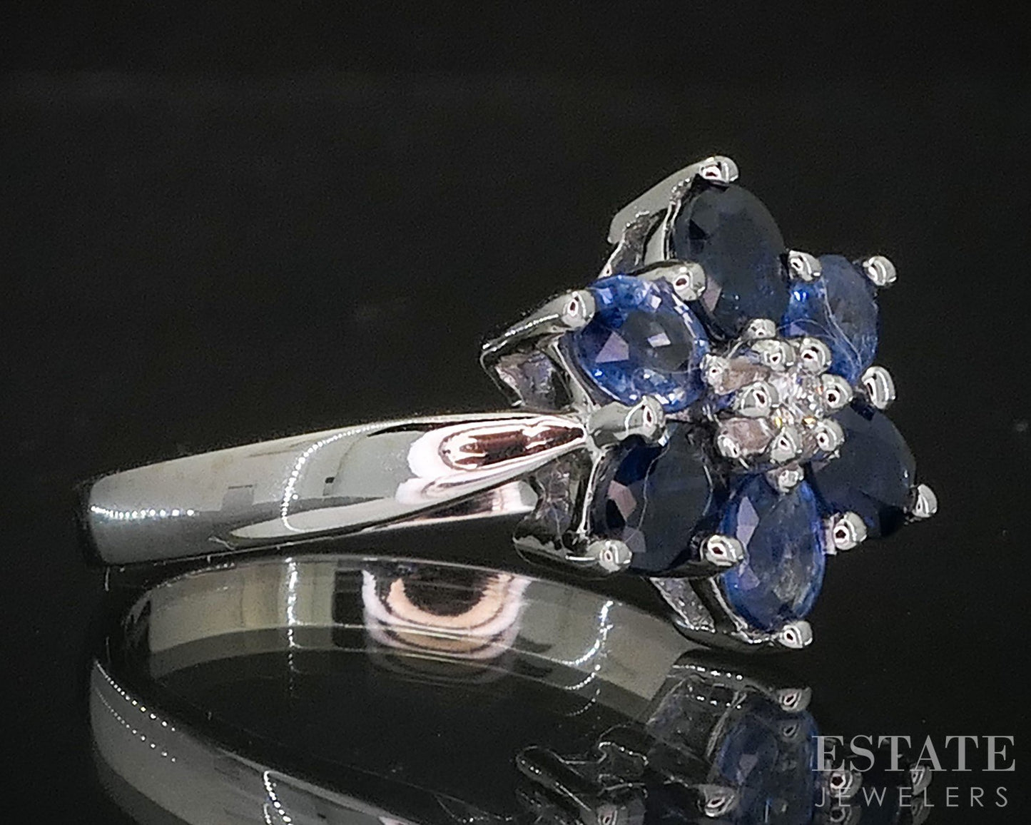 14k White Gold Natural Blue Sapphire & Diamond Flower Ladies Ring 3.7g i20159