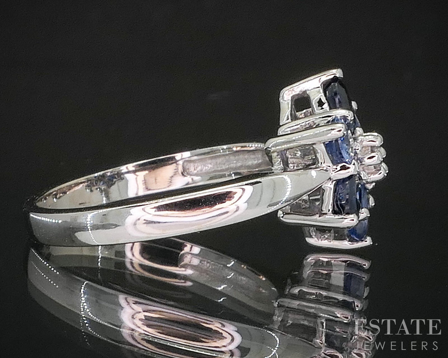14k White Gold Natural Blue Sapphire & Diamond Flower Ladies Ring 3.7g i20159