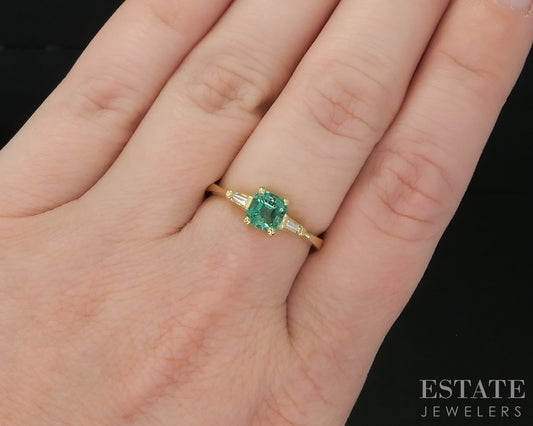 18k Yellow Gold Round Natural Emerald & Diamond Three Stone Ring 2.8g i20158