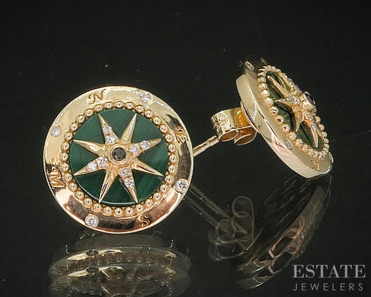 14k Yellow Gold EFFY Natural Malachite & Diamond North Star Earrings 5.6g i20155