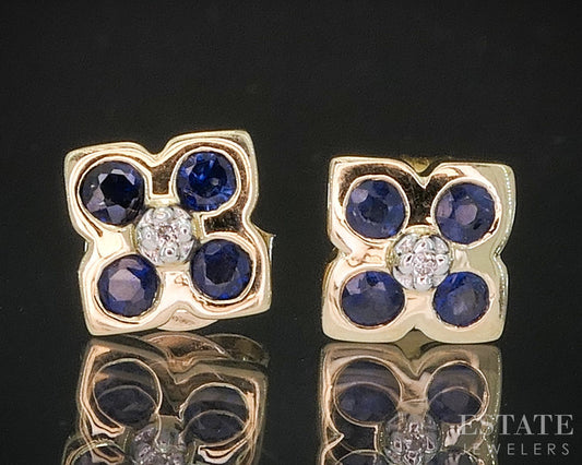 14k Yellow Gold Natural Blue Sapphire & Diamond Flower Stud Earrings 1.7g i20150