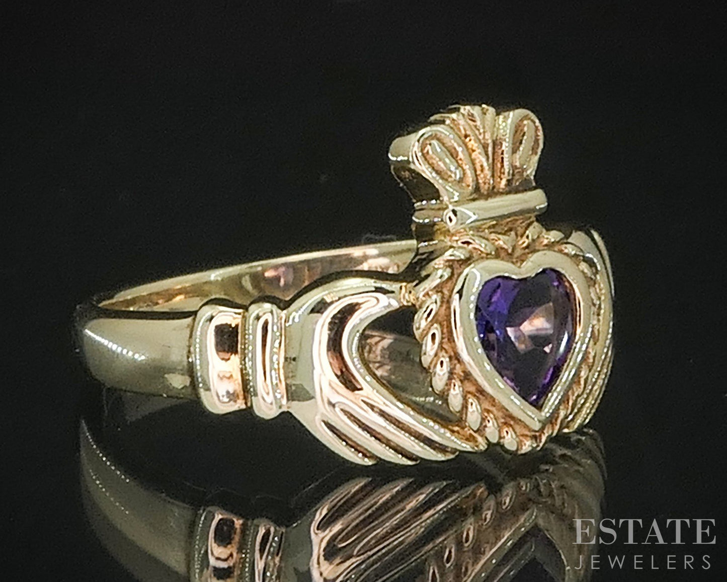 14k Yellow Gold Natural Amethyst Irish Claddagh Ladies Ring 3.5g i20143