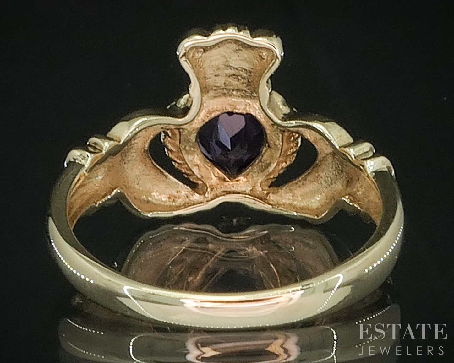 14k Yellow Gold Natural Amethyst Irish Claddagh Ladies Ring 3.5g i20143