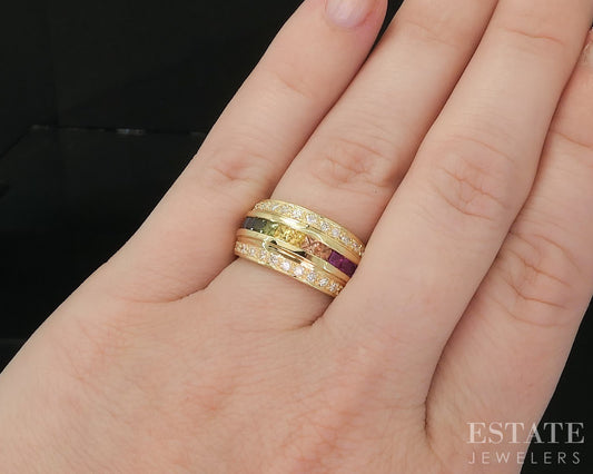 18k Yellow Gold Rainbow Sapphire & Diamond Ladies Band Ring 9.1g i20144