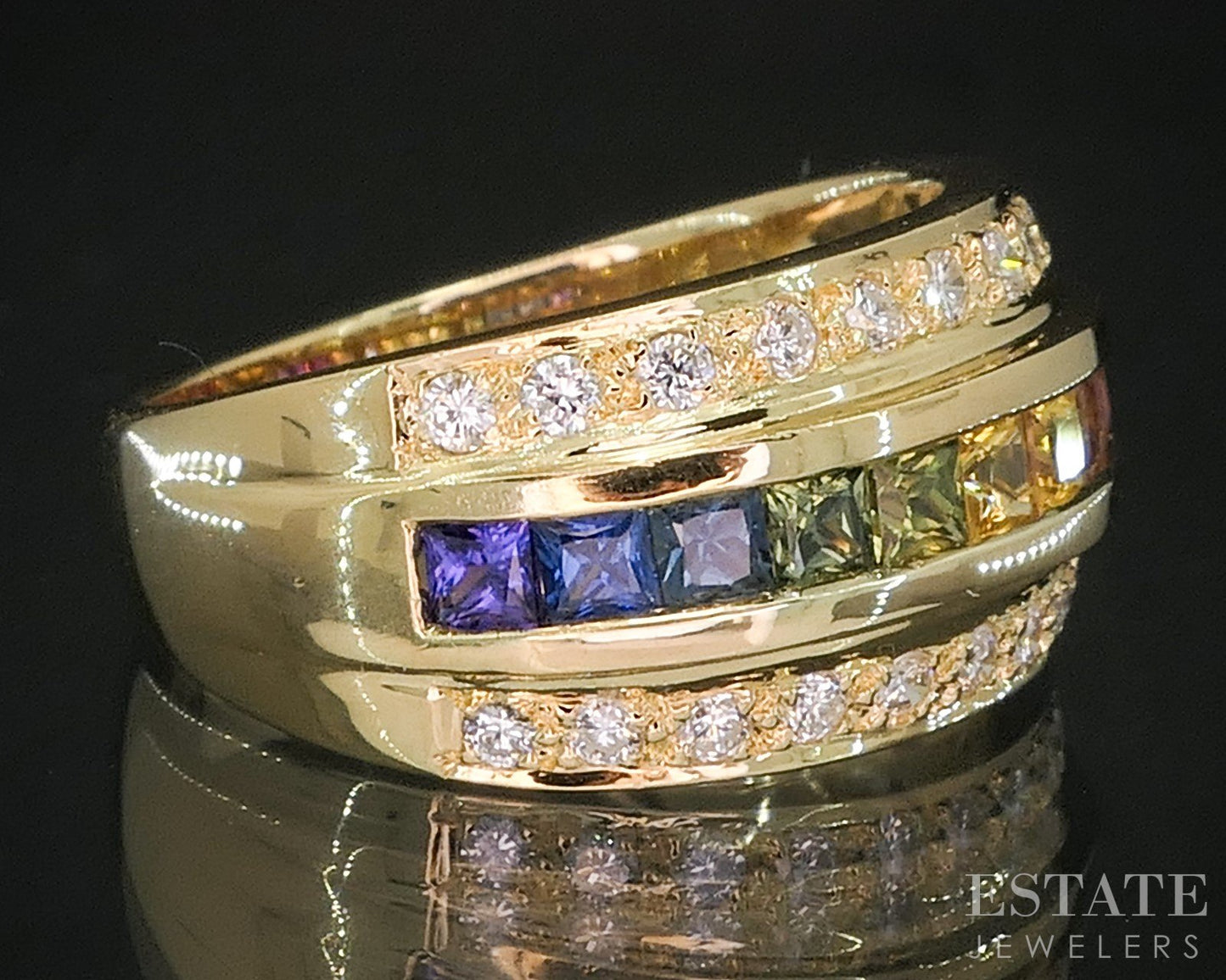 18k Yellow Gold Rainbow Sapphire & Diamond Ladies Band Ring 9.1g i20144