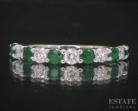 18k White Gold EFFY Natural Emerald & Diamond Ladies Band Ring 1.5g i20145