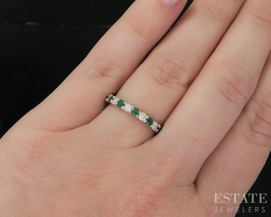 18k White Gold EFFY Natural Emerald & Diamond Ladies Band Ring 1.5g i20145