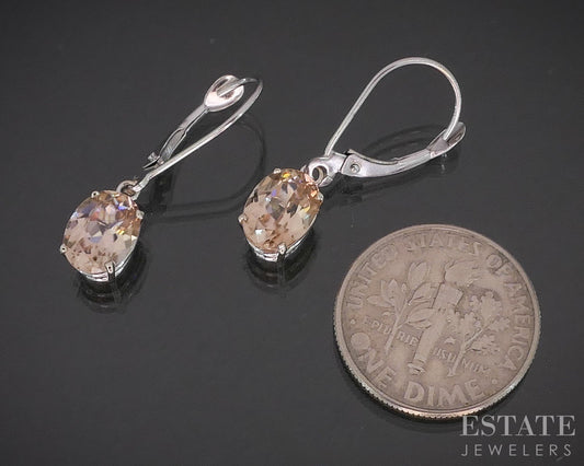 14k White Gold Round Natural Peach Morganite Dangle Earrings 1.7g i20153