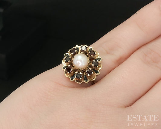 Vintage 10k Yellow Gold 5.5mm Akoya Pearl & Garnet Ladies Ring 5.1g i20188
