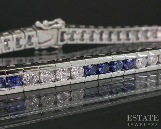 18k White Gold Natural Blue Sapphire & Diamond Tennis Bracelet 18g 6.75"L i20192