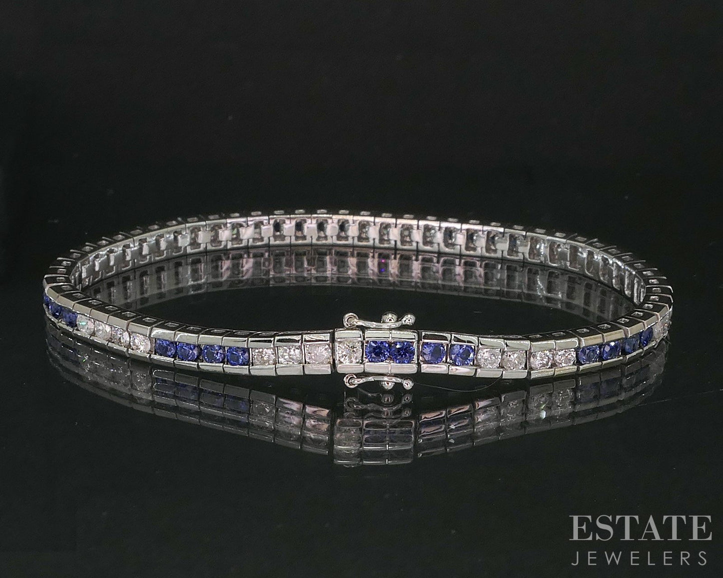 18k White Gold Natural Blue Sapphire & Diamond Tennis Bracelet 18g 6.75"L i20192