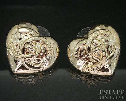 Chanel CC Logo Large Heart Turnlock Gold Tone Stud Earrings i20201