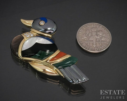 14k Yellow Gold Asch Grossbardt Multi Gem & Diamond Duck Pin Brooch 14g i20200
