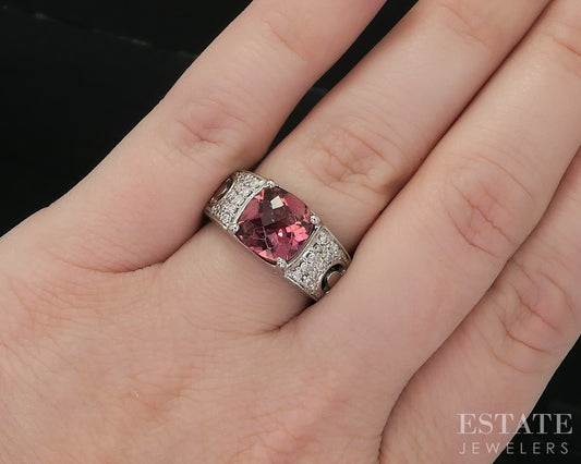 14k White Gold Cushion Natural Pink Tourmaline & Diamond Ladies Ring 8.1g i20199