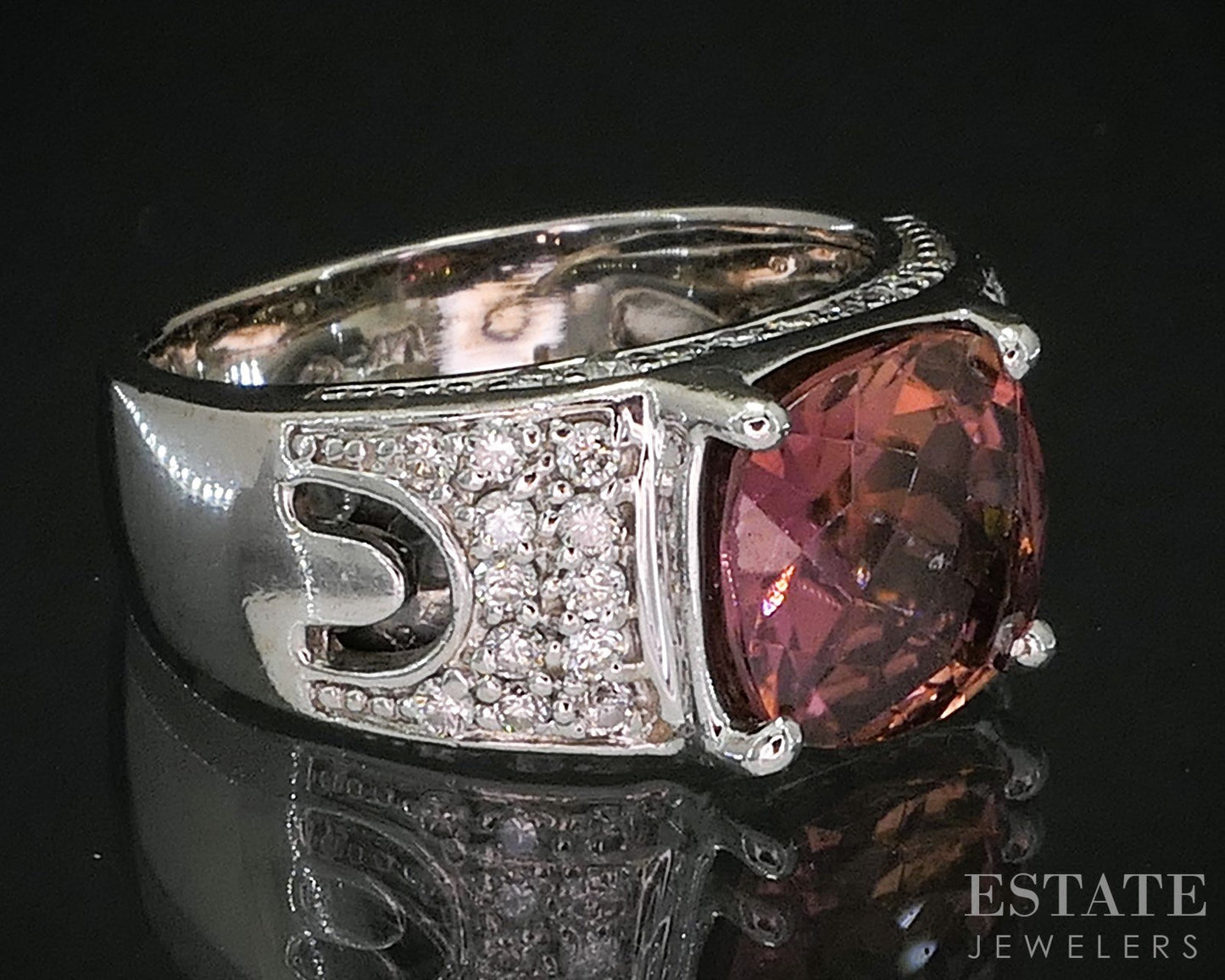 14k White Gold Cushion Natural Pink Tourmaline & Diamond Ladies Ring 8.1g i20199