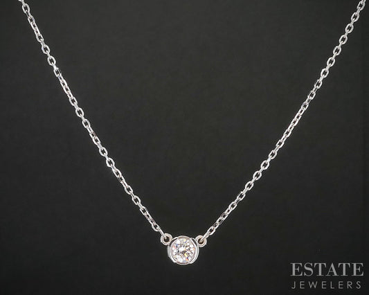 14k White Gold Round Natural .38ct Diamond Bezel Solitaire Necklace 3.3g i20202