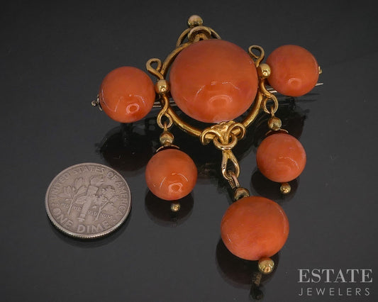 Antique Victorian 18k Yellow Gold Natural Coral Beaded Pin Brooch 23.4g i20250