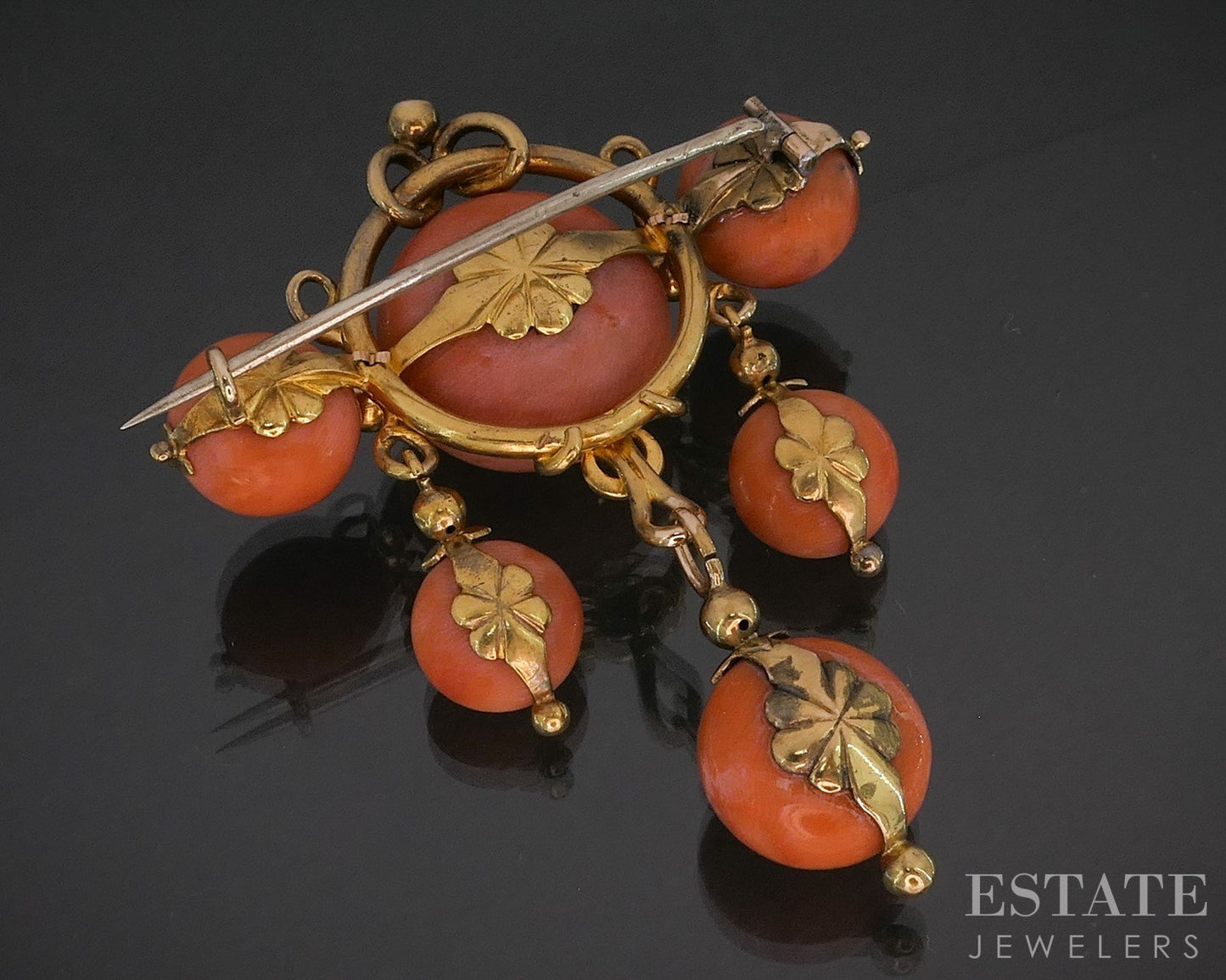 Antique Victorian 18k Yellow Gold Natural Coral Beaded Pin Brooch 23.4g i20250