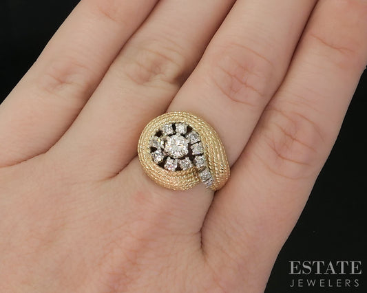 Vintage 14k Yellow Gold Natural .58ctw Diamond Spiral Swirl Rope Ring 7g i20227