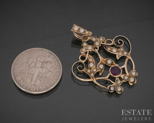 Antique Victorian 10k Yellow Gold Natural Ruby & Seed Pearl Pendant 2.0g i20221