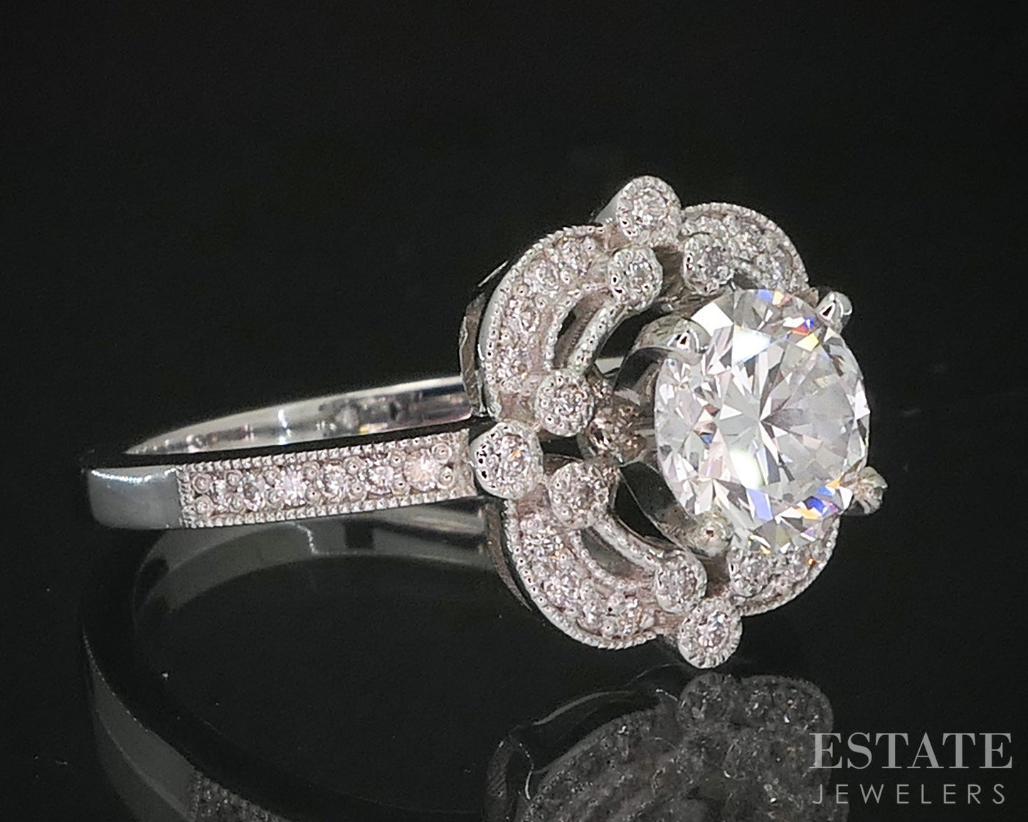 14k White Gold Round Natural 1.34ctw Diamond Halo Engagement Ring 4.5g i20214
