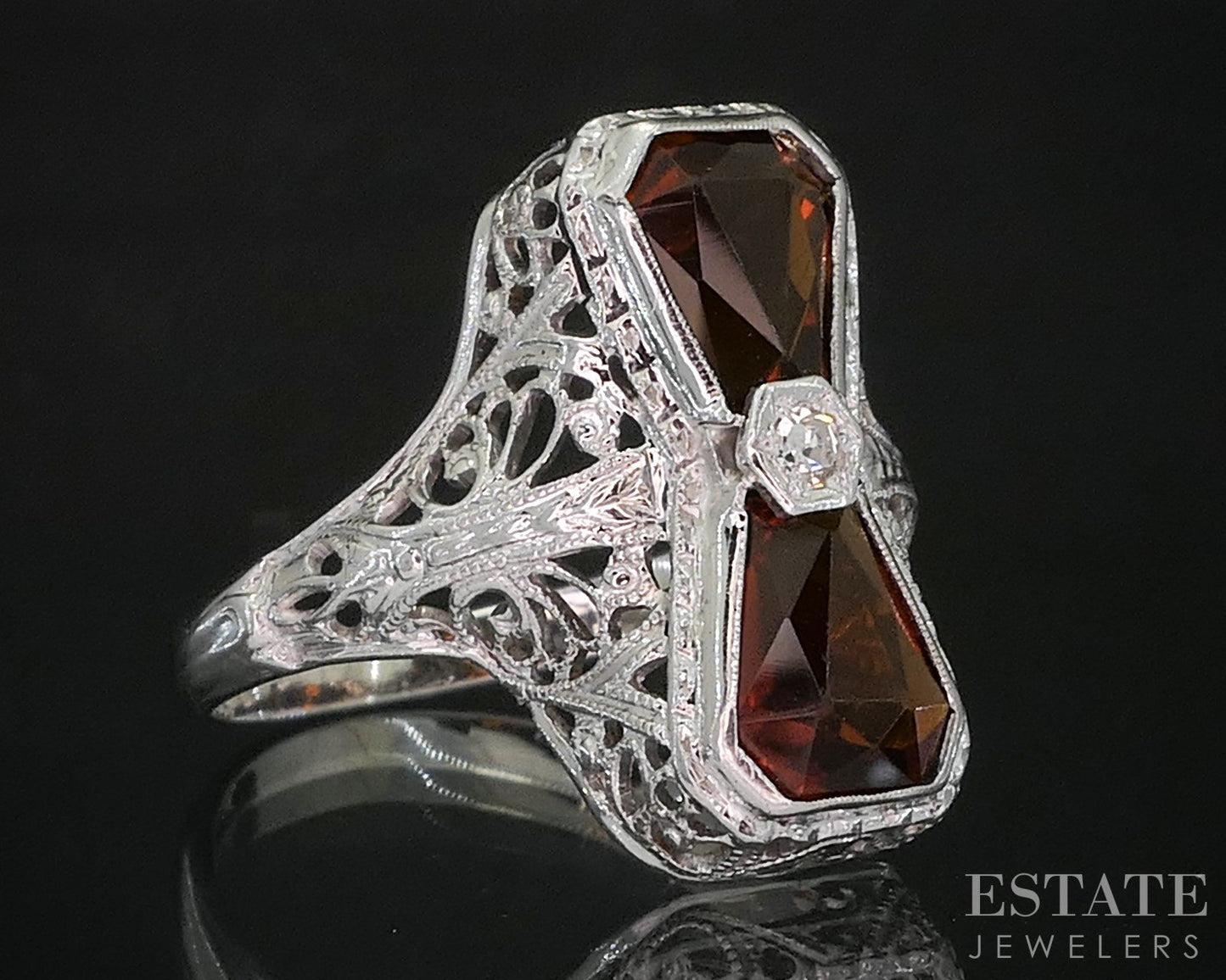 Vintage 18k White Gold Natural Citrine & Diamond Filigree Ring 2.6g i20217
