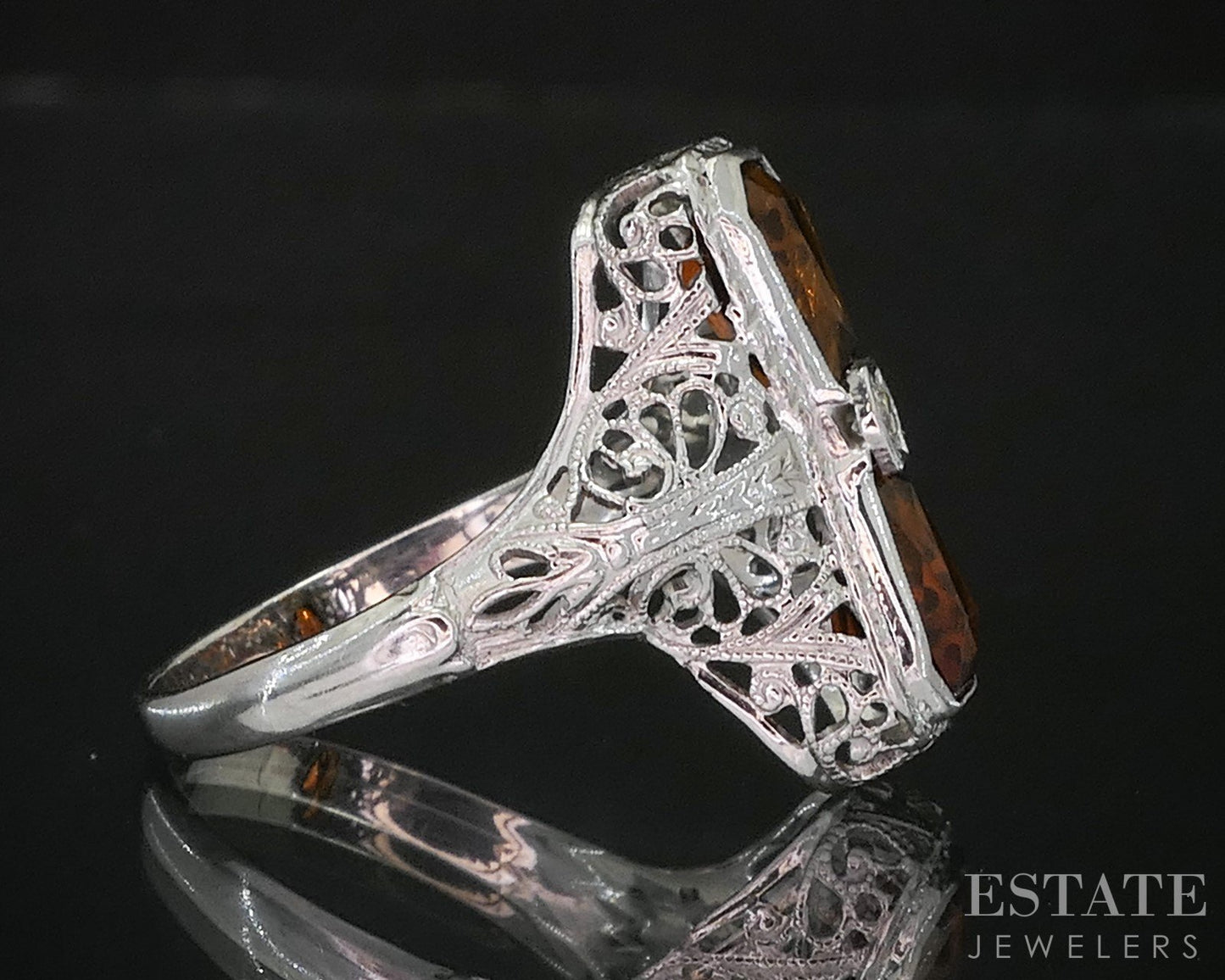 Vintage 18k White Gold Natural Citrine & Diamond Filigree Ring 2.6g i20217