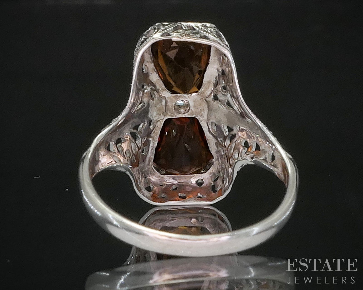 Vintage 18k White Gold Natural Citrine & Diamond Filigree Ring 2.6g i20217