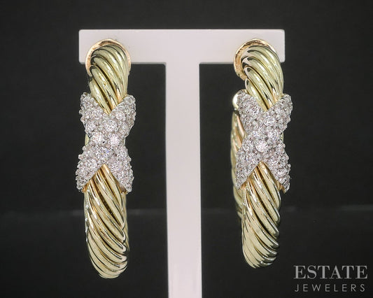 14k Yellow Gold David Yurman Natural Diamond Cable X Hoop Earrings 16g i20247