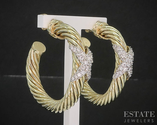 14k Yellow Gold David Yurman Natural Diamond Cable X Hoop Earrings 16g i20247