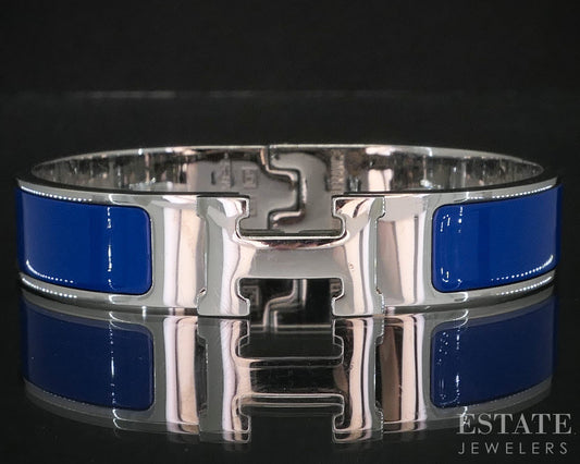 Vintage Silver Tone Hermes Blue Enameled Clic "H" Bangle Bracelet i20248