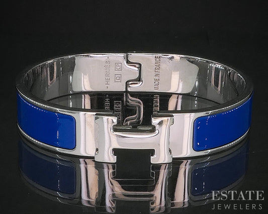 Vintage Silver Tone Hermes Blue Enameled Clic "H" Bangle Bracelet i20248